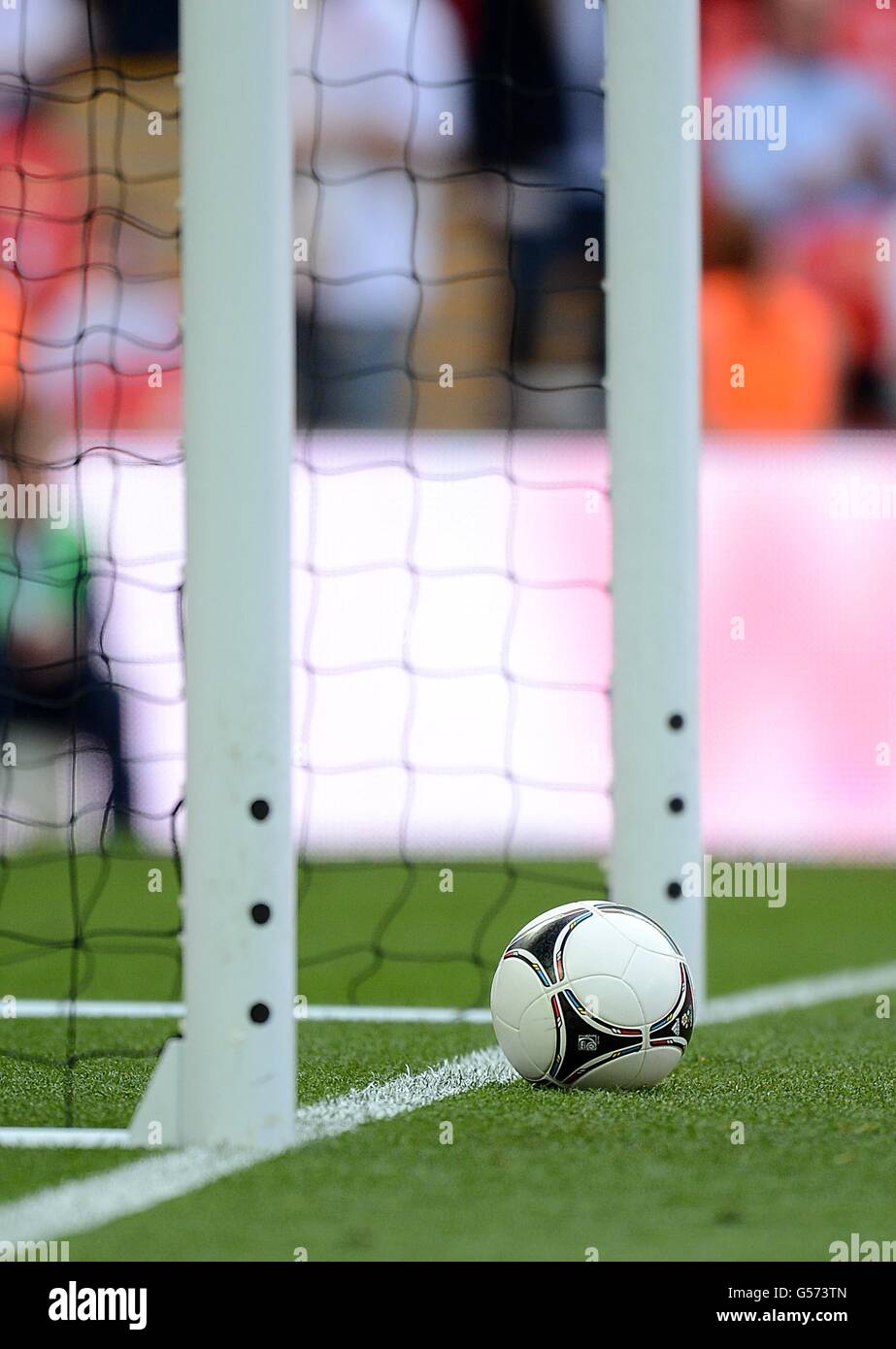 Parts of a new hawk eye system on the goalposts hires stock