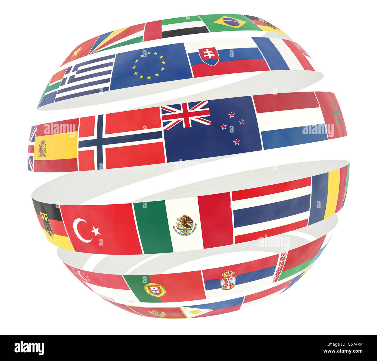illustration of National flags twisted as spiral globe Stock Photo - Alamy