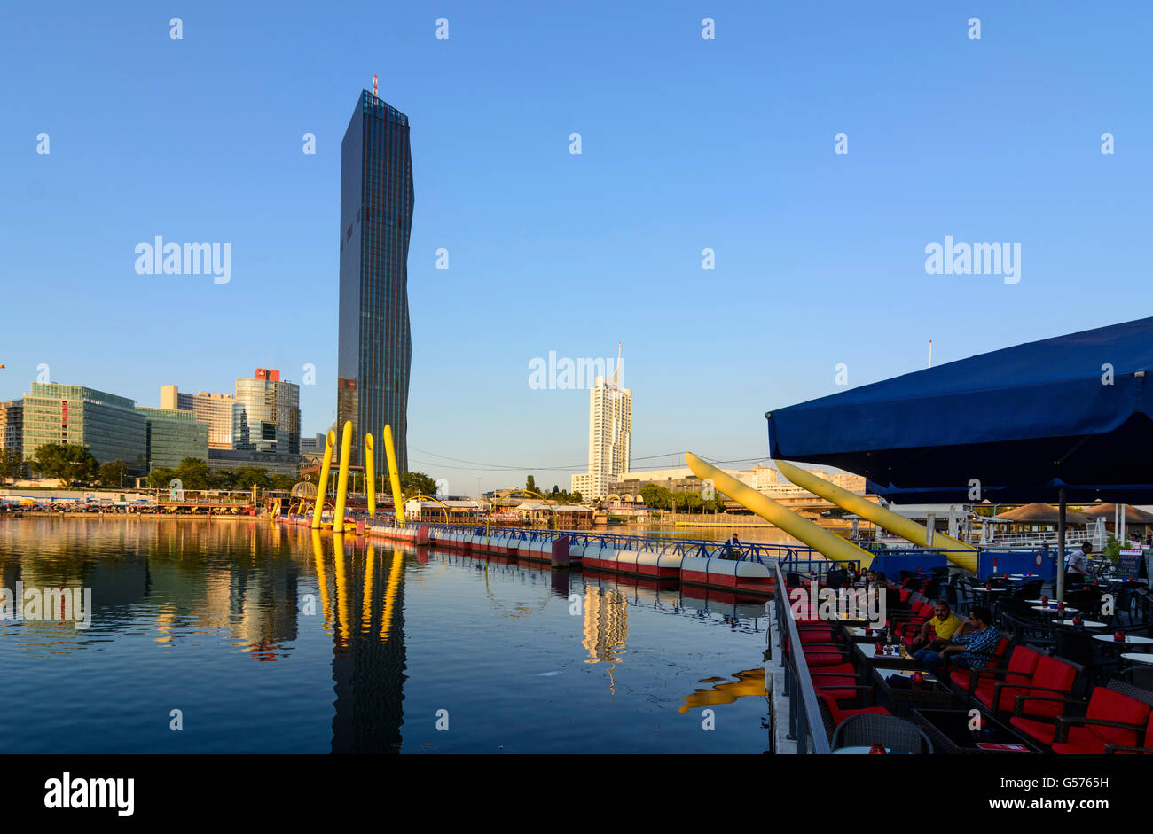 DC Tower 1, Donaucity, restaurant areas Sunken City (front) and Copa Cagrana at the New Danube, Wien, Vienna, Austria, Wien, 22. Stock Photo
