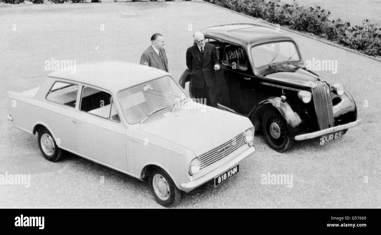 PA Library photo dated 26th September 1963 : 25 years sperate this two Vauxhall models, the Viva left and the 1938 Vauxhall Ten. Motor giant Vauxhall stunned the industry by announcing the ending of car production at its factory in Luton, Bedfordshire. one of its UK plants with the loss of 2,000 jobs, a fifth of its workforce. Stock Photo