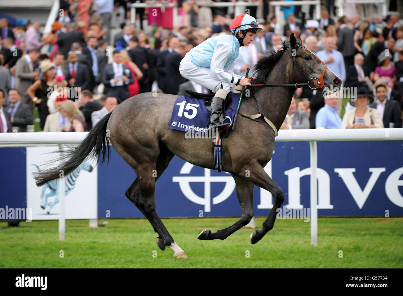 Horse Racing - Investec Derby Festival - Day One - Investec Ladies' Day - Epsom Racecourse. My Sharona ridden by jockey Kieran O'Neill goes to post in the Investec Asset Management Handicap Stock Photo