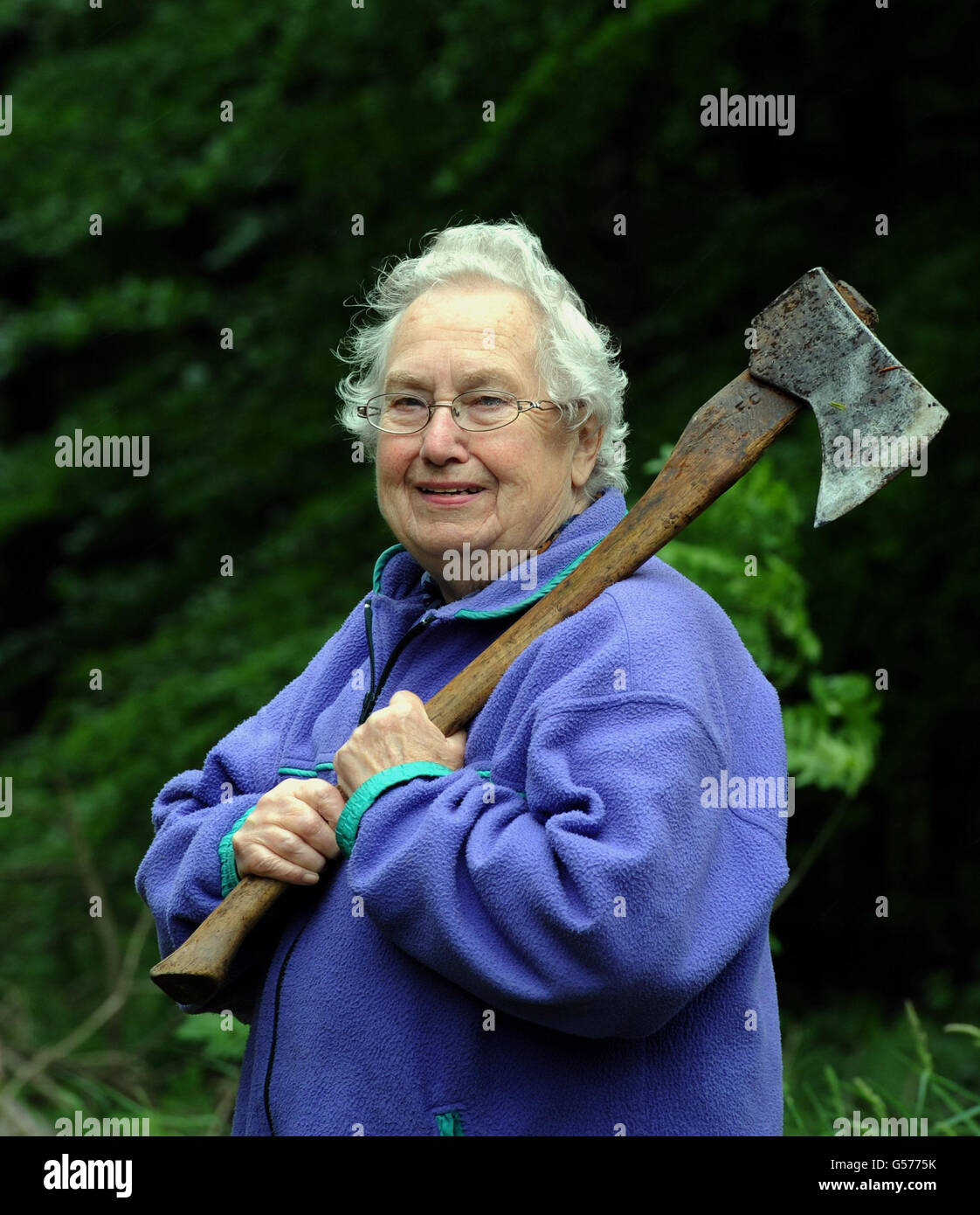 A former member of the Womens Timber Corps back in Dalby Forest near Pickering today. Stock Photo