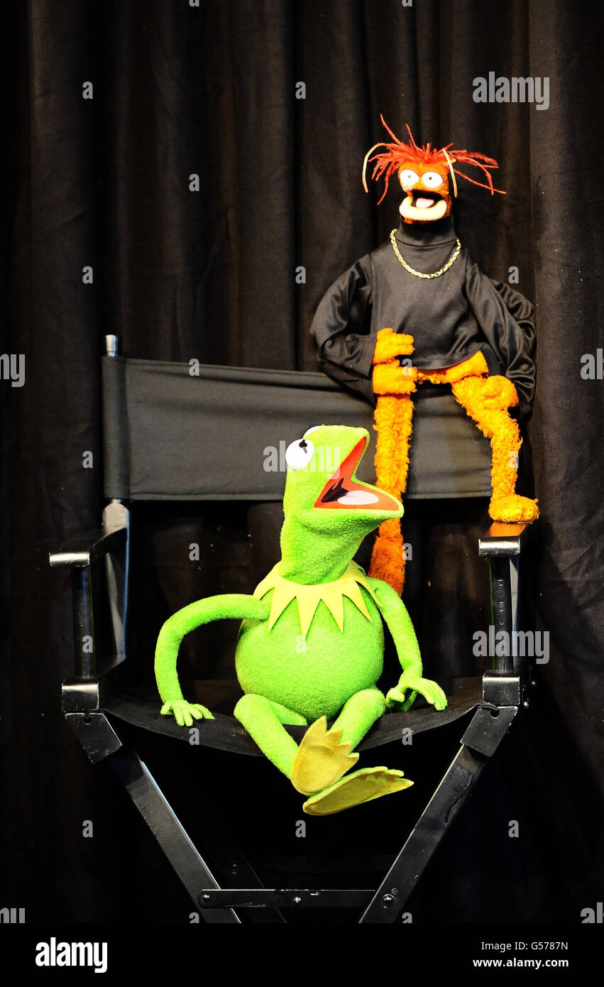 Kermit the Frog and Pepe the King Prawn meet fans to celebrate the release of 'The Muppets' on Blue-Ray and DVD, at HMV in London. Stock Photo