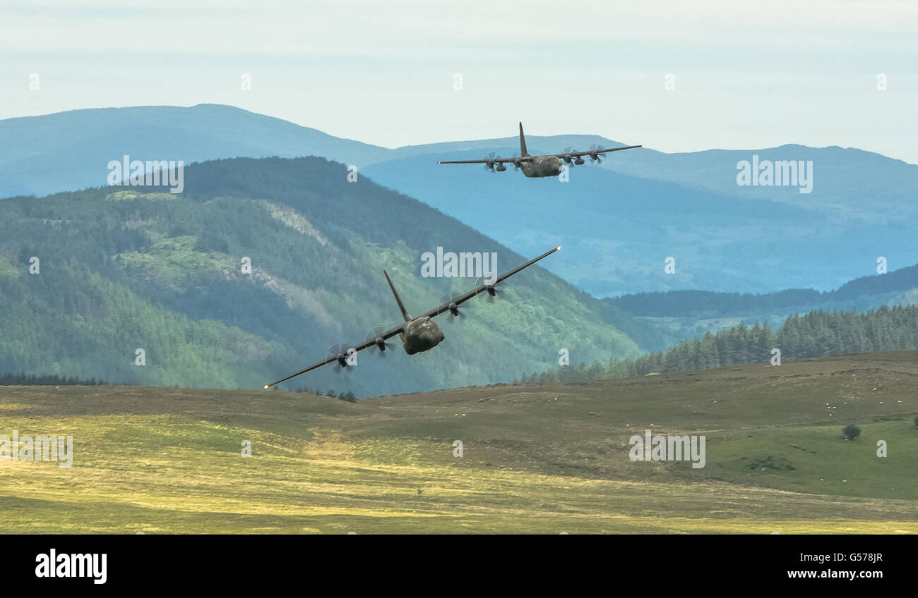 royal air force Hercules low flying training in Wales Stock Photo