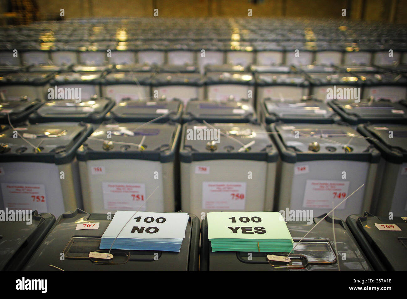 No and Yes counting slips lie on top of hundreds of ballot boxes in the warehouse of the Dublin County Returning Officer, before they are distributed to polling stations across Dublin county ahead of the nationwide vote of the Fiscal Stability Referendum tomorrow. Stock Photo