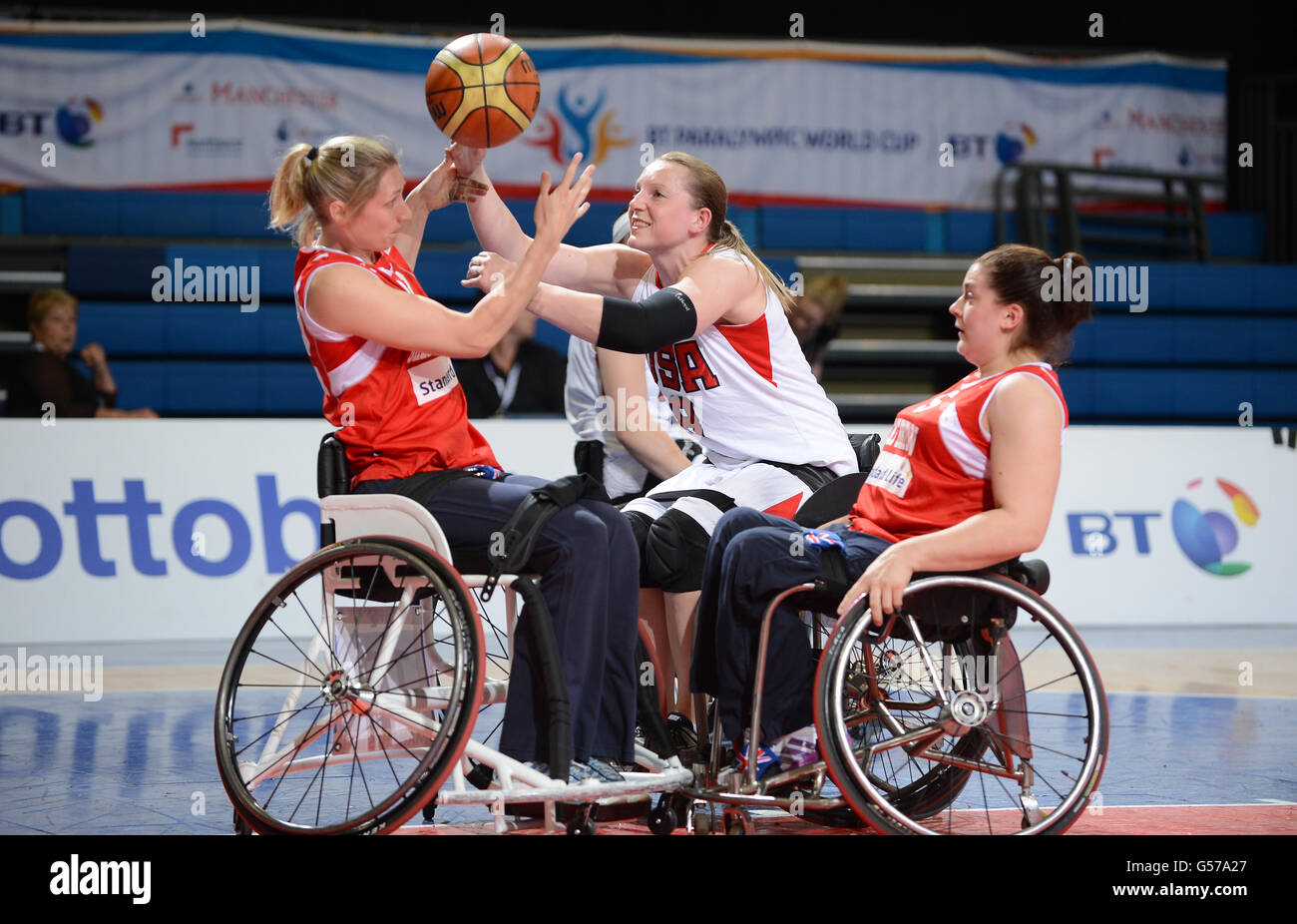 Match action from the women's wheelchair basketball match between Great Britain and USA at the BT Paralympic World Cup Stock Photo