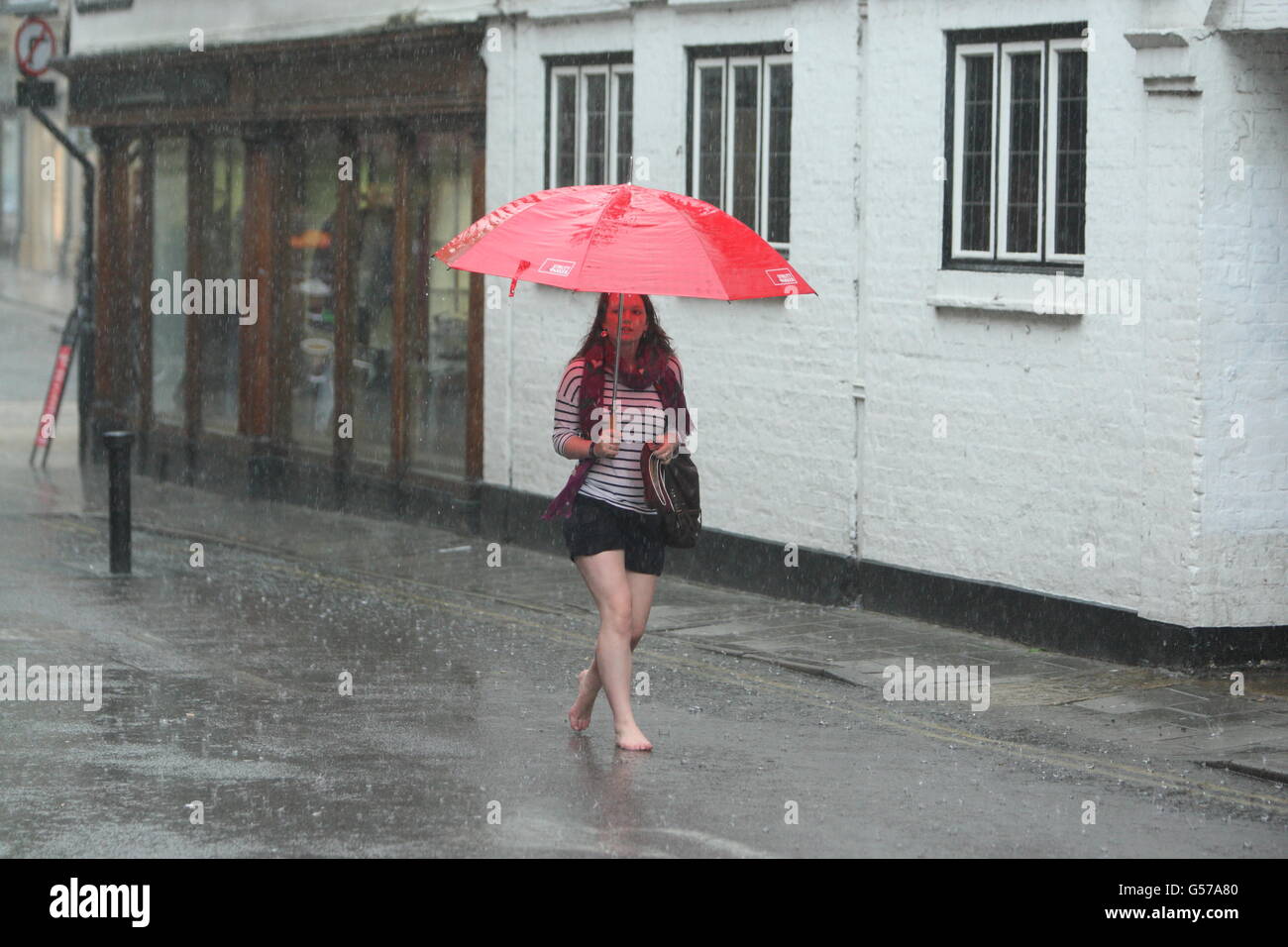 A young woman holds an umbrella after being caught in a thunder storm in Oxford city centre. Stock Photo