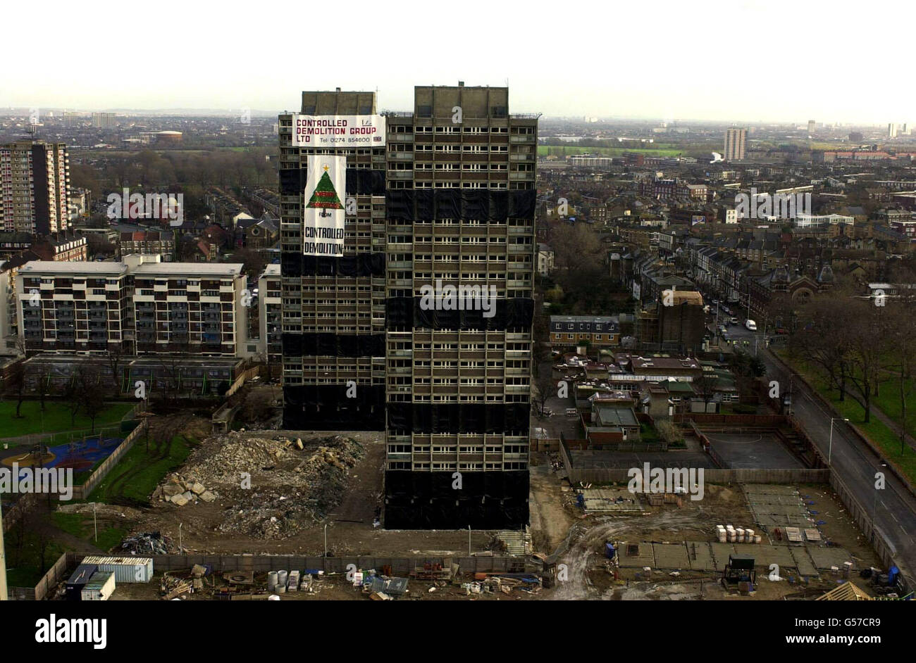 Sutherland and Embley points, two 22 storey tower blocks on the Nightingale Estate, Hackney, east London, before they were blown up to allow 64 housing association homes to be built on the site. Stock Photo