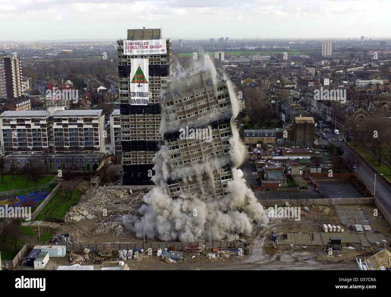 Sutherland and Embley points, two 22 storey tower blocks on the Nightingale Estate, Hackney, east London, being blown up to allow 64 housing association homes to be built on the site. Stock Photo