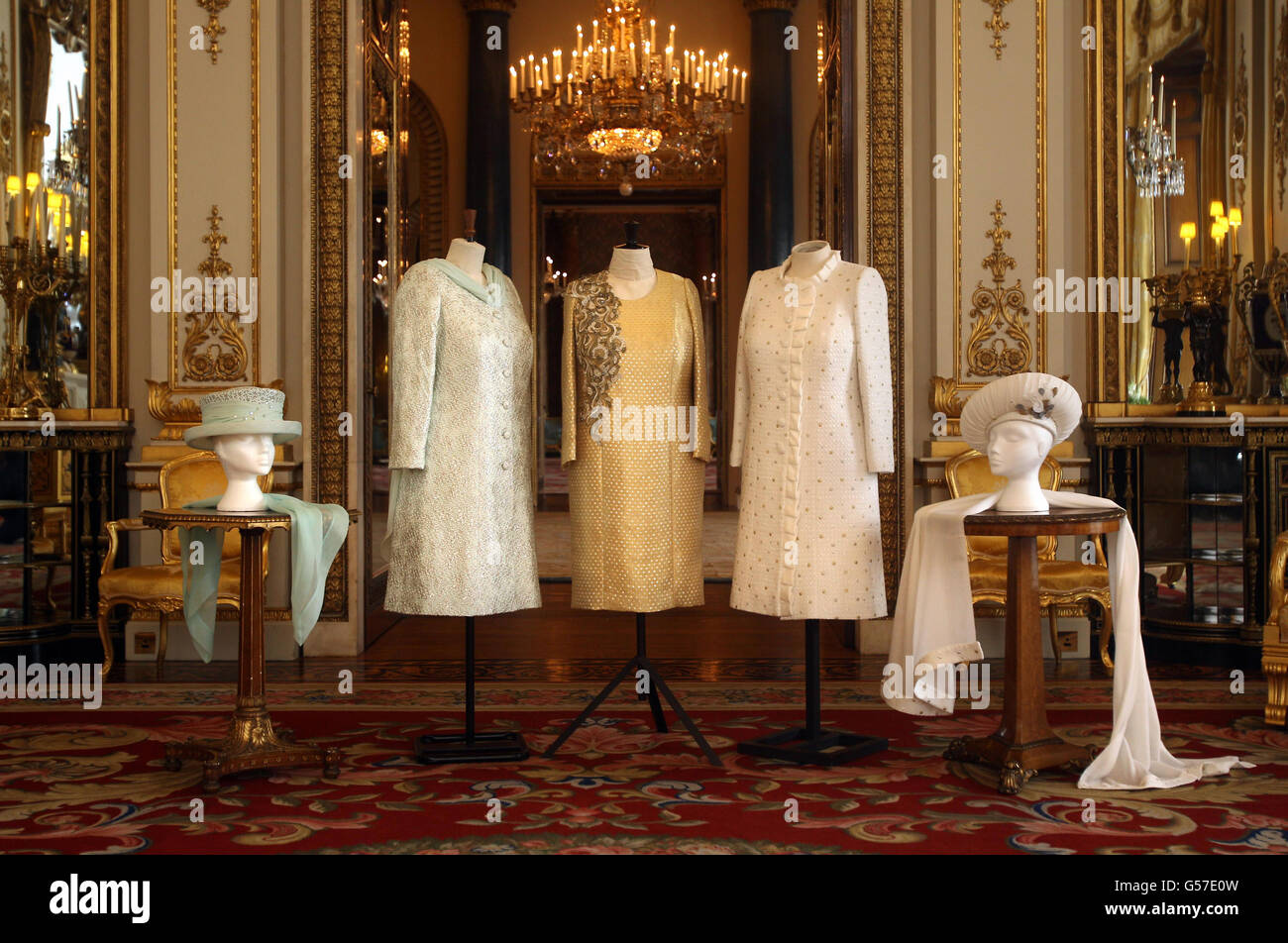 The three dresses worn by Queen Elizabeth II during her Diamond Jubilee celebrations, designed and created by Angela Kelly MVO. Stock Photo