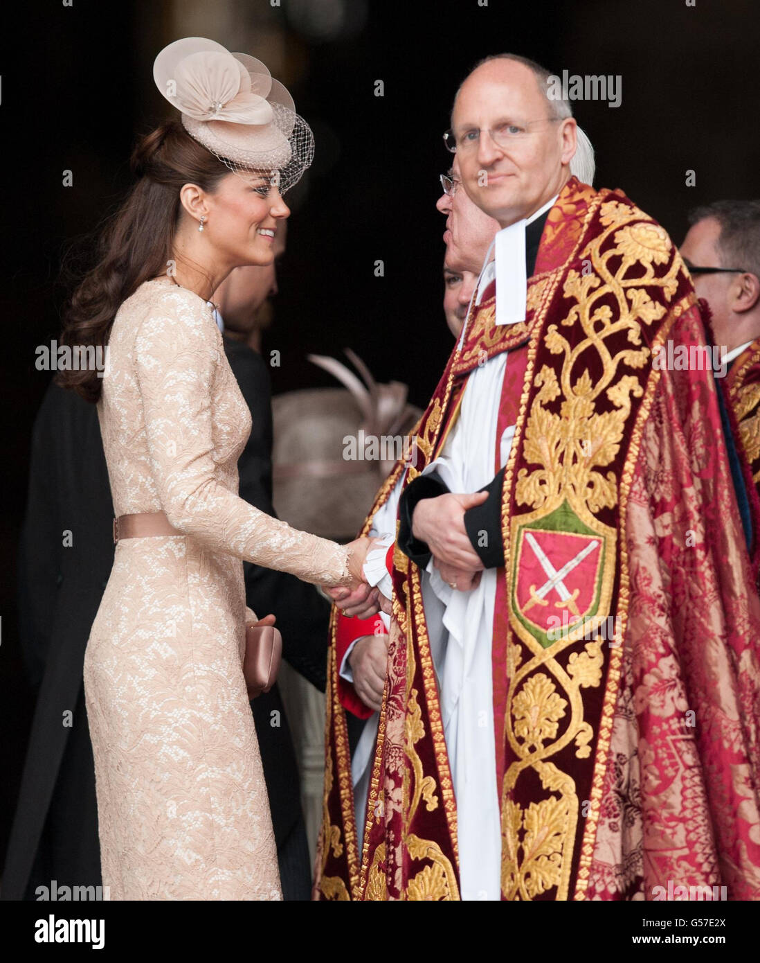 The Duchess of Cambridge arrives at a service of thanksgiving, at Saint Paul's Cathedral, in central London. Stock Photo