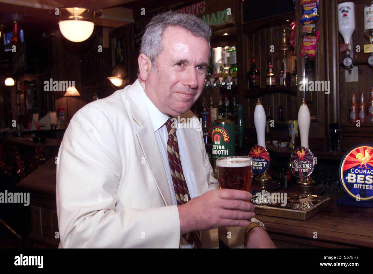 Independent MP Martin Bell has a pint in the White Hart pub in Brentwood  high street, after a press conference where he announced his "provisional  intention" to stand at the next general