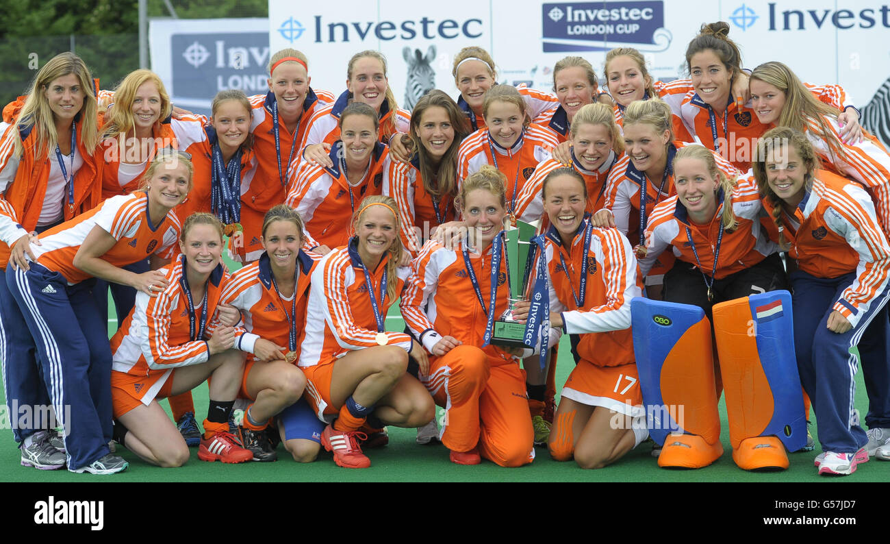 Netherlands celebrate winning the final of the Investec London Cup at the Quintin Hogg Memorial Ground, Chiswick West London. Stock Photo