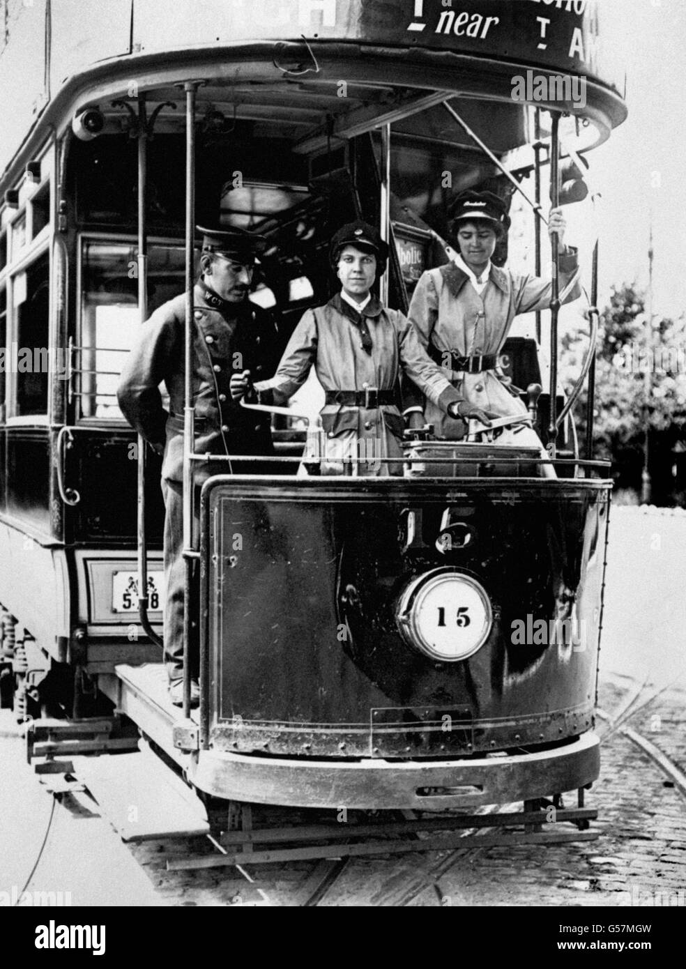 Women learning to drive Walthamstow Council trams in London during the First World War. Women filled the posts left by men leaving for service in the British armed forces. Stock Photo