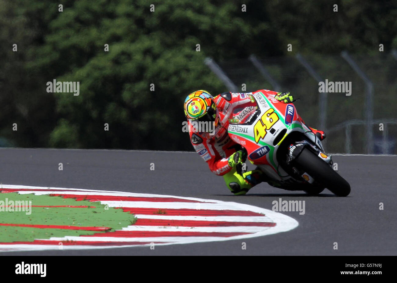 Motorcycling - 2012 Hertz British Grand Prix - Day One - Moto GP - Silverstone. Italy's Valentino Rossi on the Duacti during practice of the British Moto Grand Prix during day one at Silverstone, Northamptonshire. Stock Photo