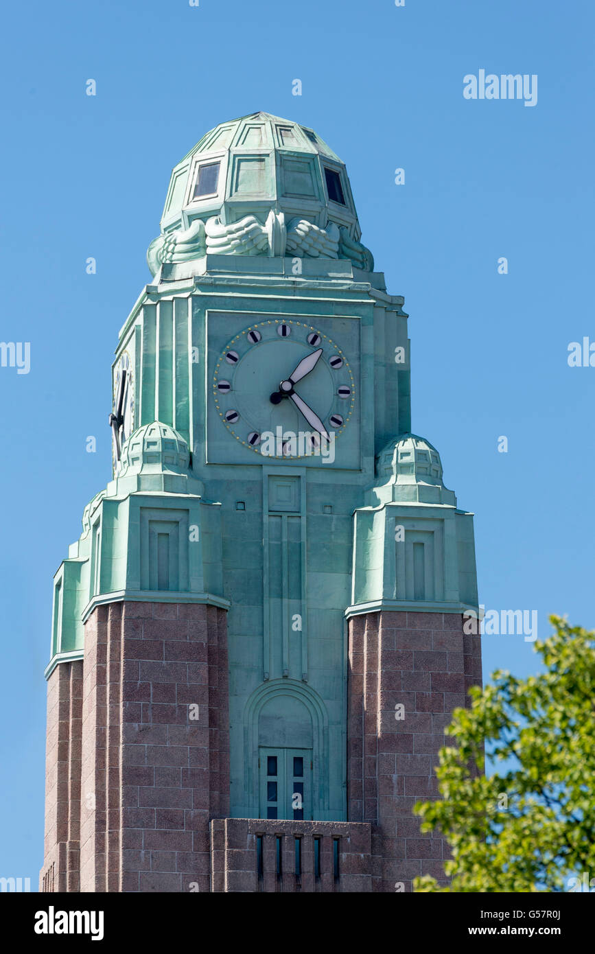 Clock tower of Helsinki central railway station. Finland Stock Photo