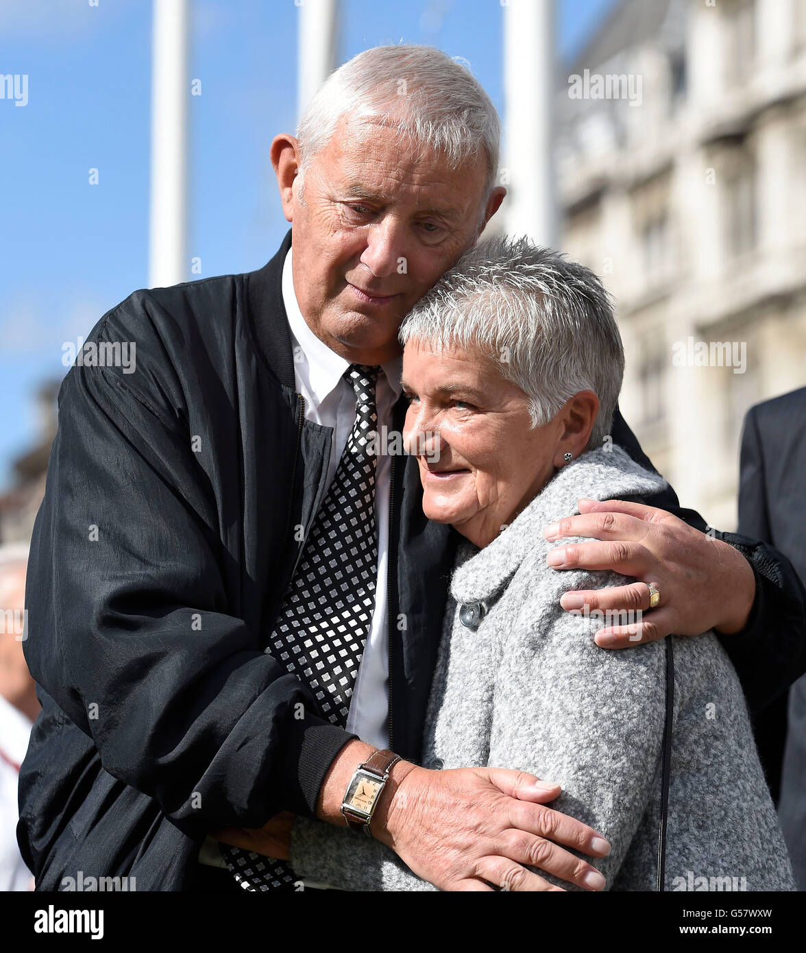 The parents of Jo Cox, Jean and Gordon Leadbeater look at the flowers
