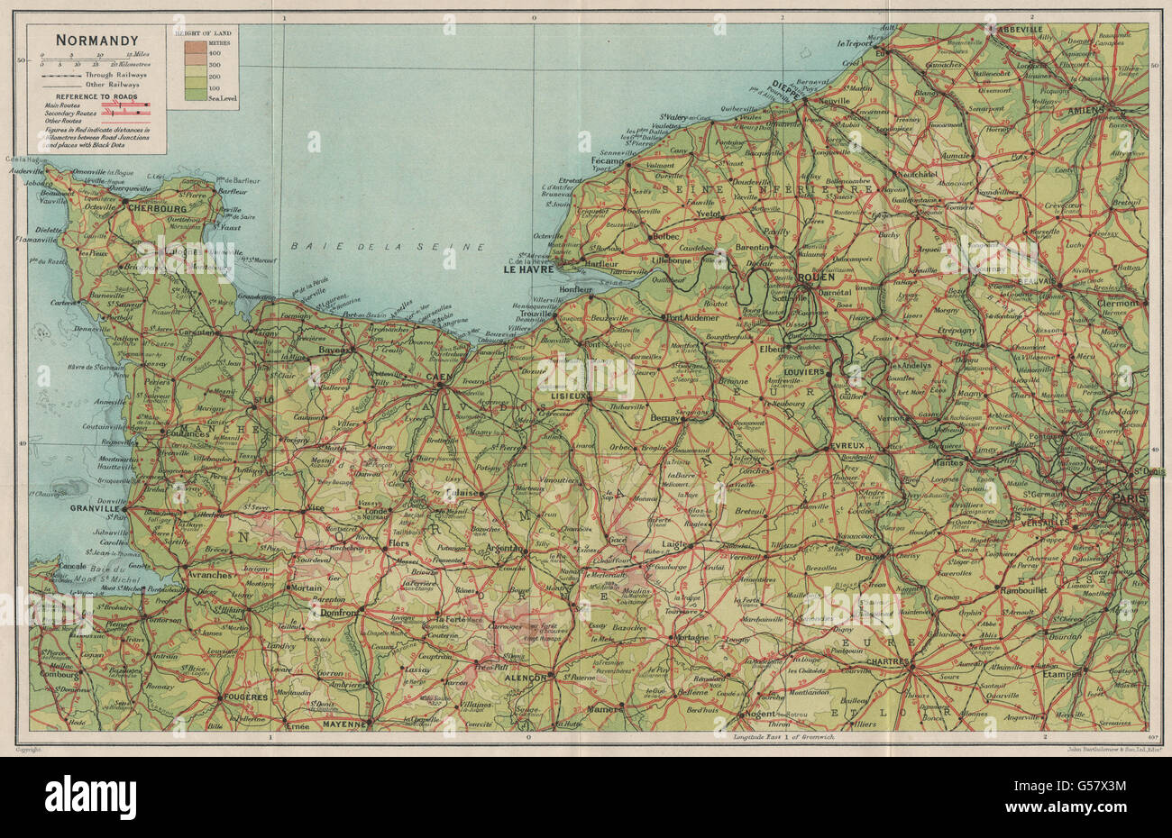 NORMANDY NORMANDIE. Roads railways. Le Havre Rouen Cherbourg. Vintage map 1926 Stock Photo