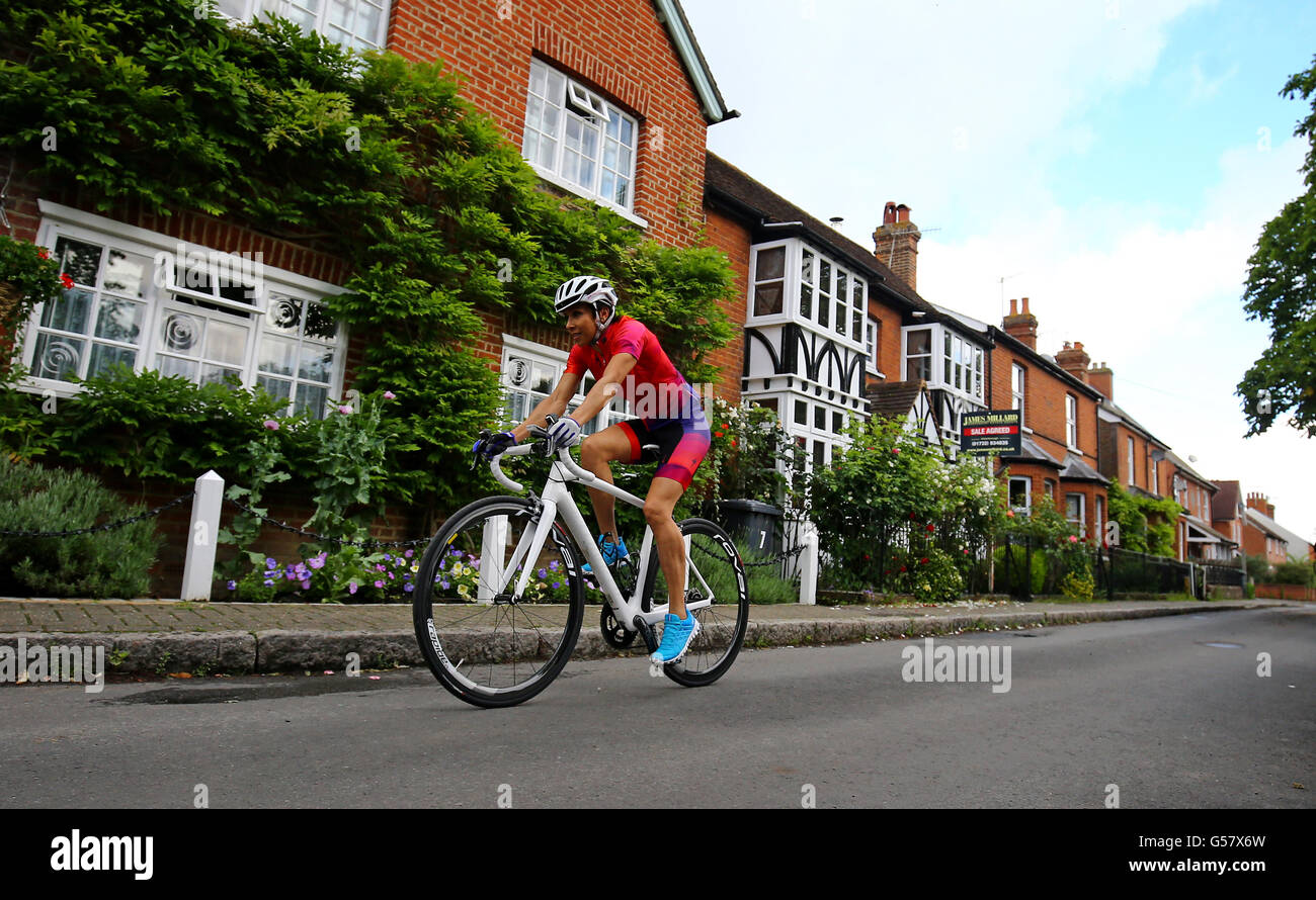 Dame Kelly Holmes trains in her home village of Hildenborough, Kent, to ride the inaugural Prudential RideLondon-Surrey 46 as she continues her quest to raise Â£250,000 for five charities: The Dame Kelly Holmes Trust, Hospice in the Weald, Myeloma UK, Pickering Cancer Centre and Mind UK. Stock Photo