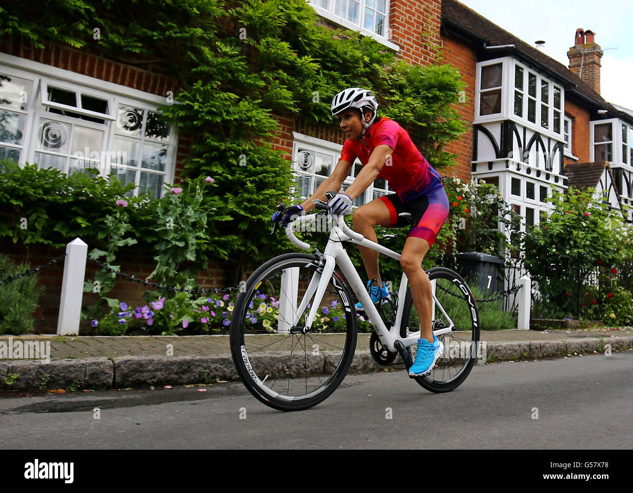 Dame Kelly Holmes trains in her home village of Hildenborough, Kent, to ride the inaugural Prudential RideLondon-Surrey 46 as she continues her quest to raise &pound;250,000 for five charities: The Dame Kelly Holmes Trust, Hospice in the Weald, Myeloma UK, Pickering Cancer Centre and Mind UK. Stock Photo