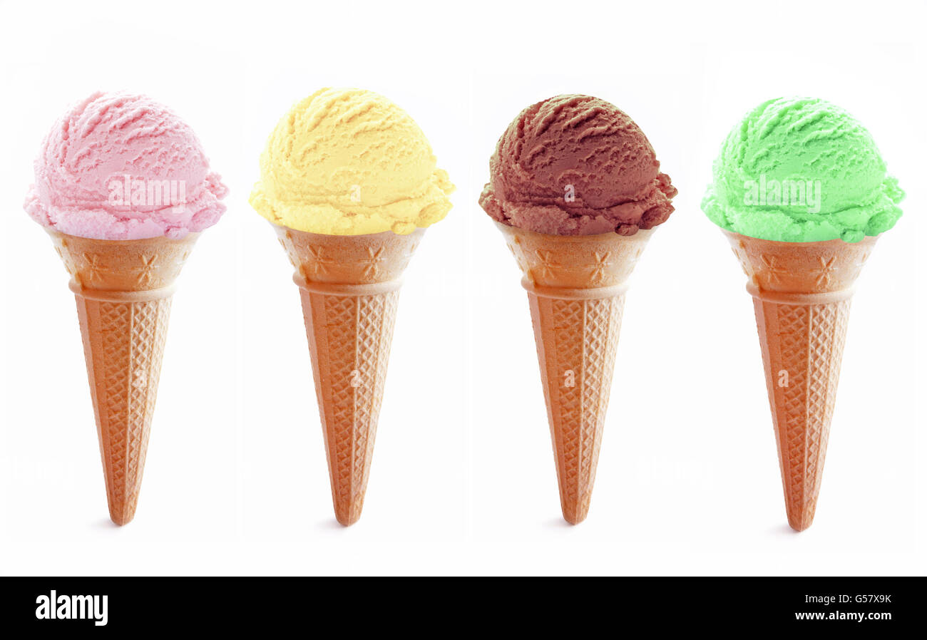 Assorted ice cream cones including strawberry, vanilla, chocolate and mint Stock Photo