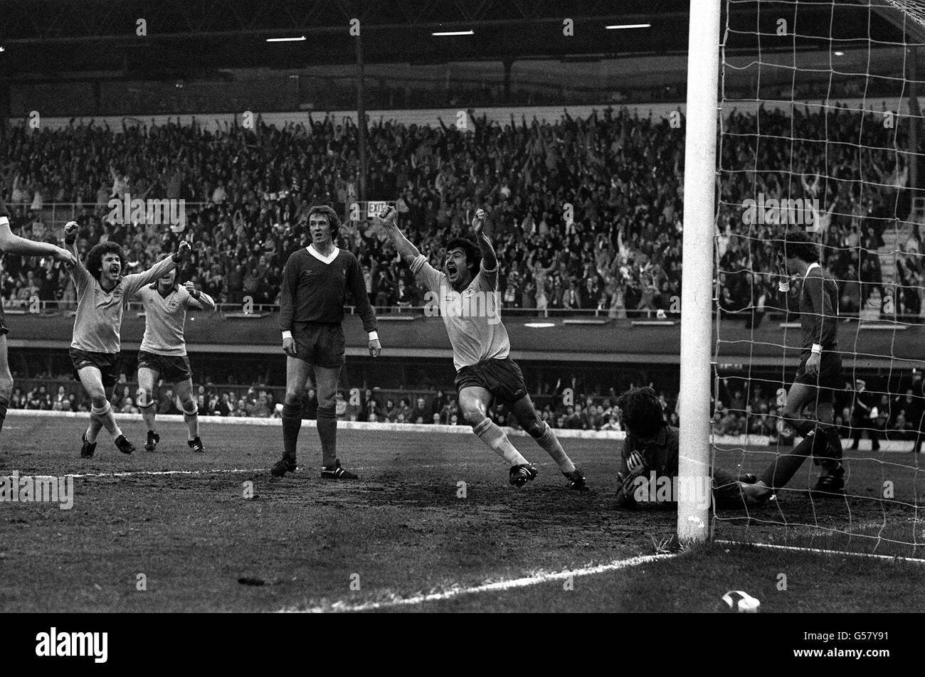 Arsenal's Brian Talbot celebrates after scoring his team's 12th minute lead over Liverpool during their third replay of the FA Cup semi-final match at Highfield Road, Coventry. Stock Photo