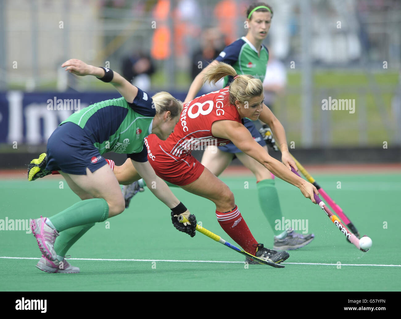 Great Britain's Georgie Twigg challenges with Ireland's Nicola Symmons during their 5th/6th place playoff in the Investec London Cup at the Quintin Hogg Memorial Ground, Chiswick West London. Stock Photo