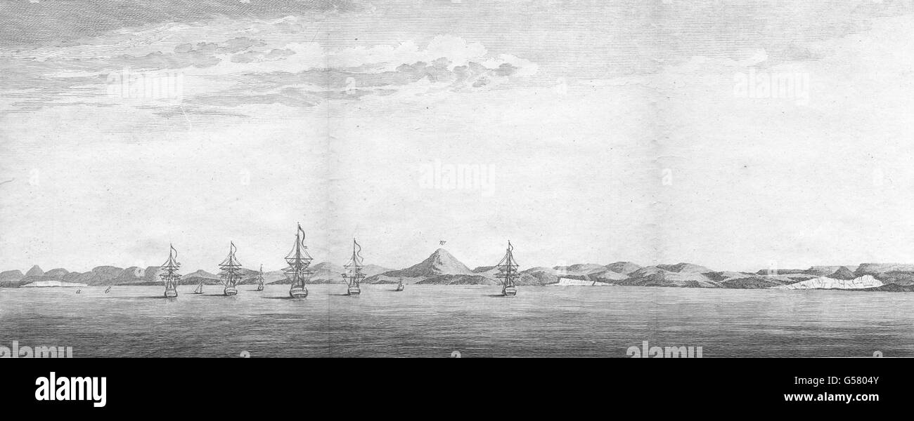 ARGENTINA: View of The Bay of St. Julian. Ships (Anson), antique print 1750 Stock Photo