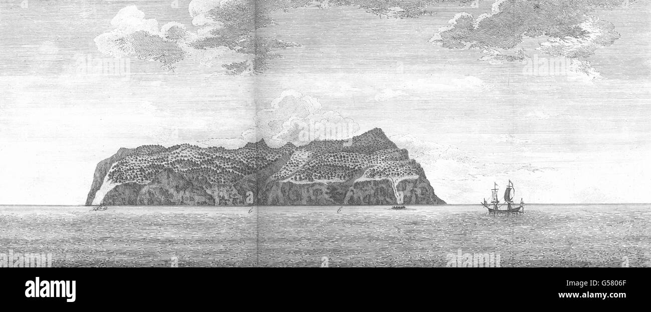 CHILE: View of Masa Fuero. North Side. Ship. Rowing Boat (Anson), print 1750 Stock Photo