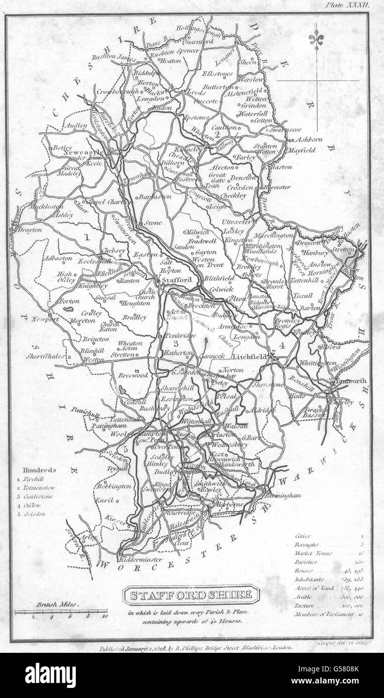 Detailed Map Of Staffordshire Staffordshire: Staffs: Phillips: Cooperplate Map. Hundreds Detailed, 1808  Stock Photo - Alamy