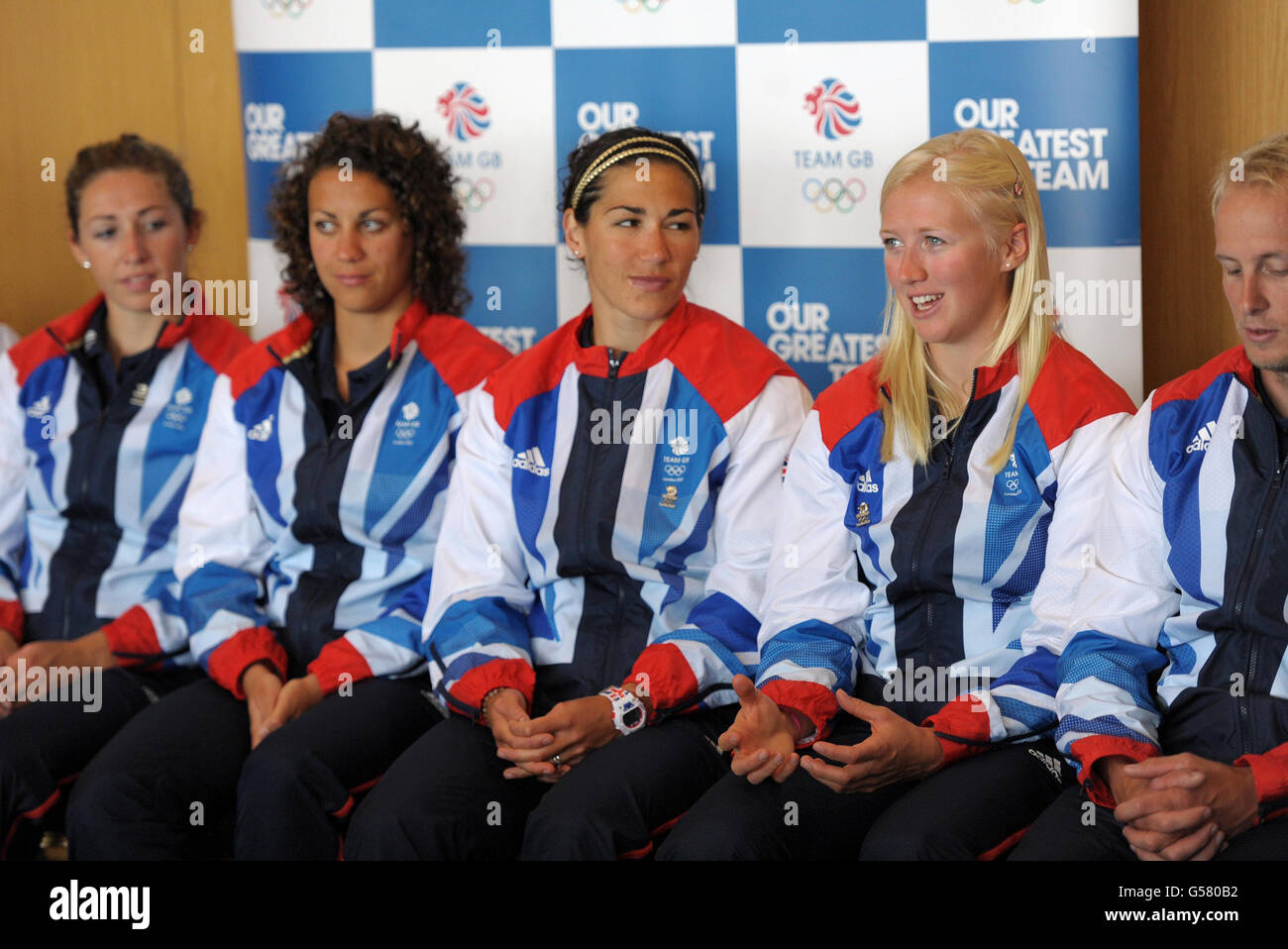 Canoe Sprint Team GB members (left to right) Jess Walker, Louisa Sawers, Angela Hannah and Rachel Cawthorn, who will compete in the K4 500m during the Team GB Canoe Sprint announcement at Eton College Rowing Centre, Windsor. Stock Photo