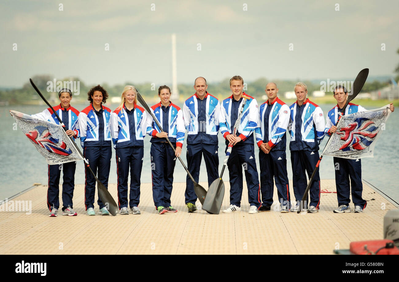 Canoe Sprint Team GB members (left to right) Angela Hannah, Louisa Sawers, Rachel Cawthorn, Jess Walker, Tim Brabants, Richard Jefferies, Liam Heath, Jon Schofield and Ed McKeever pose for a group picture during the Team GB Canoe Sprint announcement at Eton College Rowing Centre, Windsor. Stock Photo