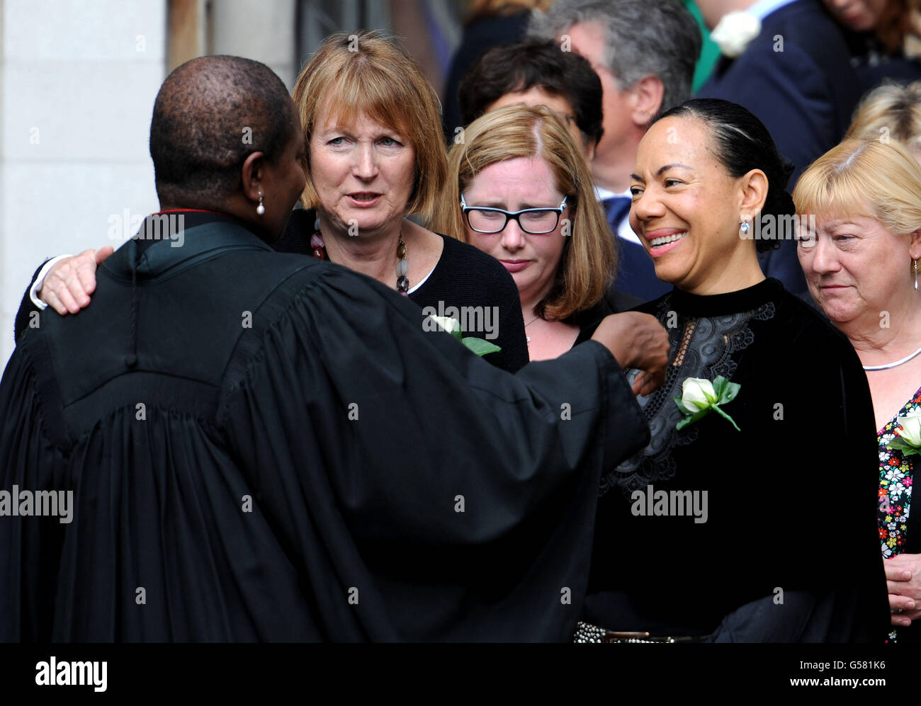 Labour MP Harriet Harman and Oona King (second right), with Speaker's Chaplain, the Reverend Rose Hudson-Wilkin, as they leave following a Service of Prayer and Remembrance to commemorate murdered MP Jo Cox, at St Margaret's in Westminster, central London. Stock Photo