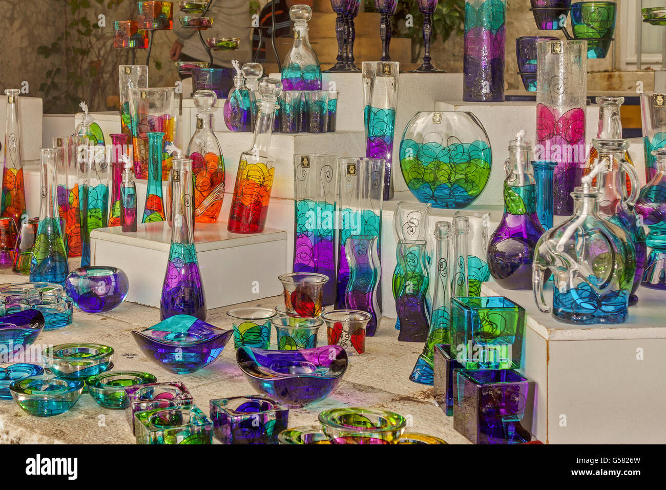 Collection Of Coloured Glass Objects Dubrovnik Croatia Stock Photo
