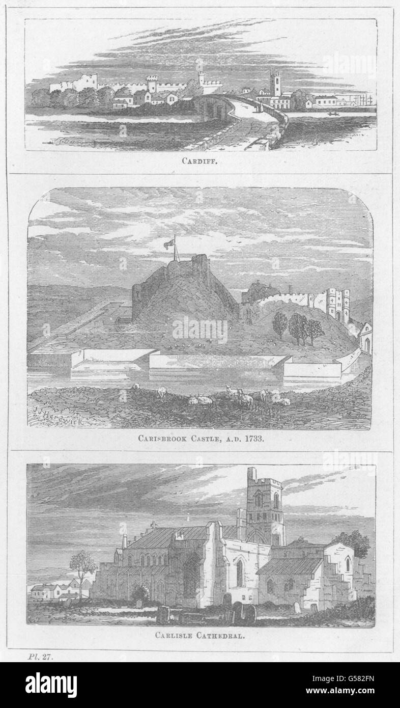 ISLE WIGHT: Cardiff; Carisbrook Castle. 1733; Carlisle cath. , old print 1870 Stock Photo