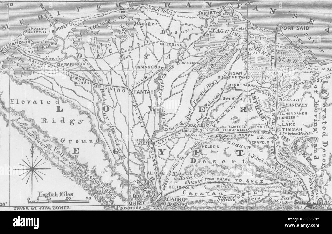 EGYPT: Suez, Map of the Isthmus of. Showing the Course of the Suez Canal 1870 Stock Photo