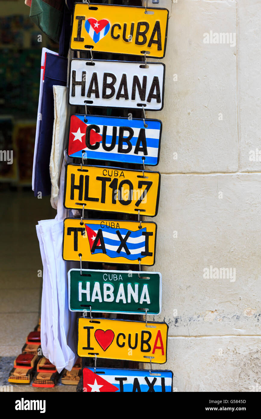 Souvenir gift car registration number plates in a shop in Havana, Cuba