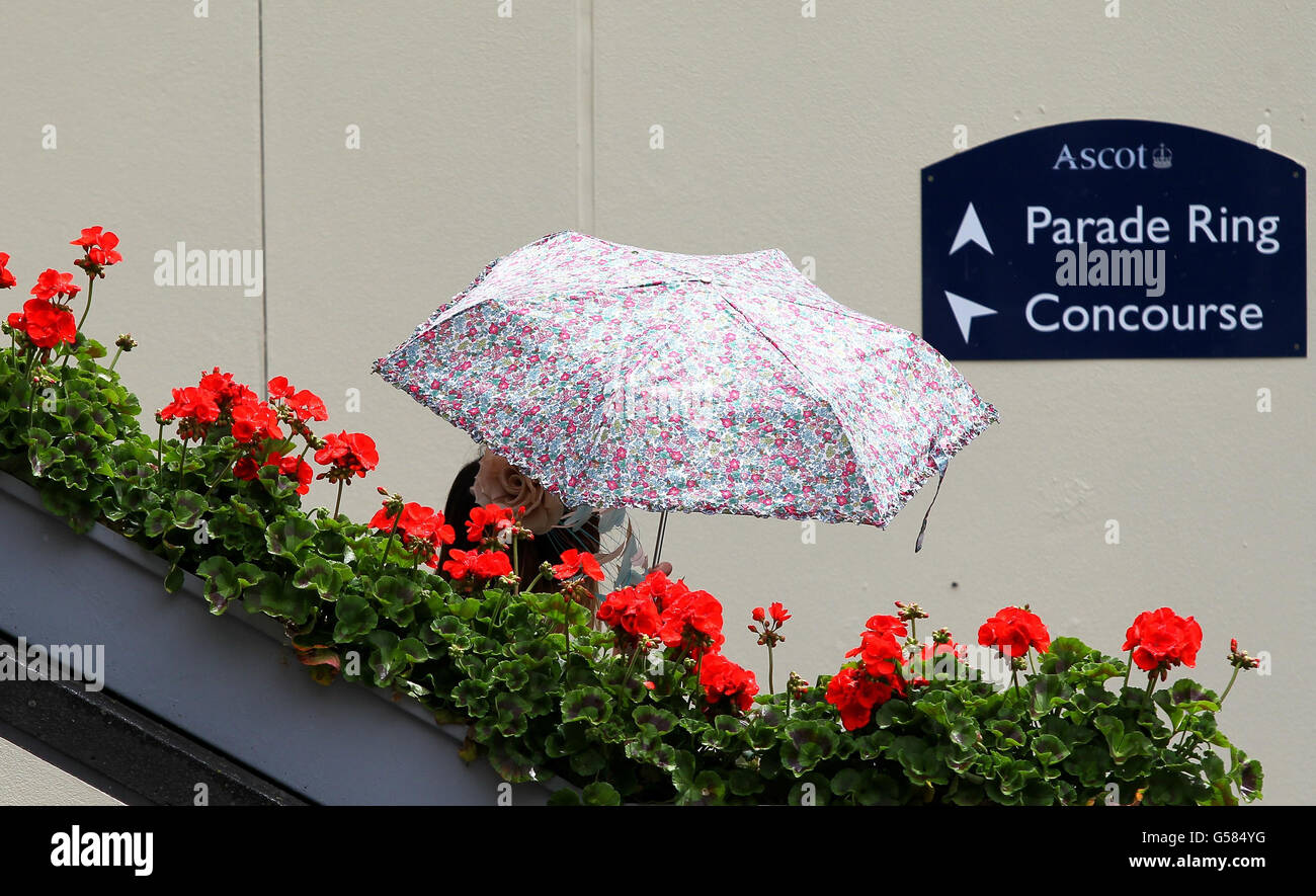 A racegoer protects her hat from the rain under an umbrella during day three of the 2012 Royal Ascot meeting at Ascot Racecourse, Berkshire. Stock Photo