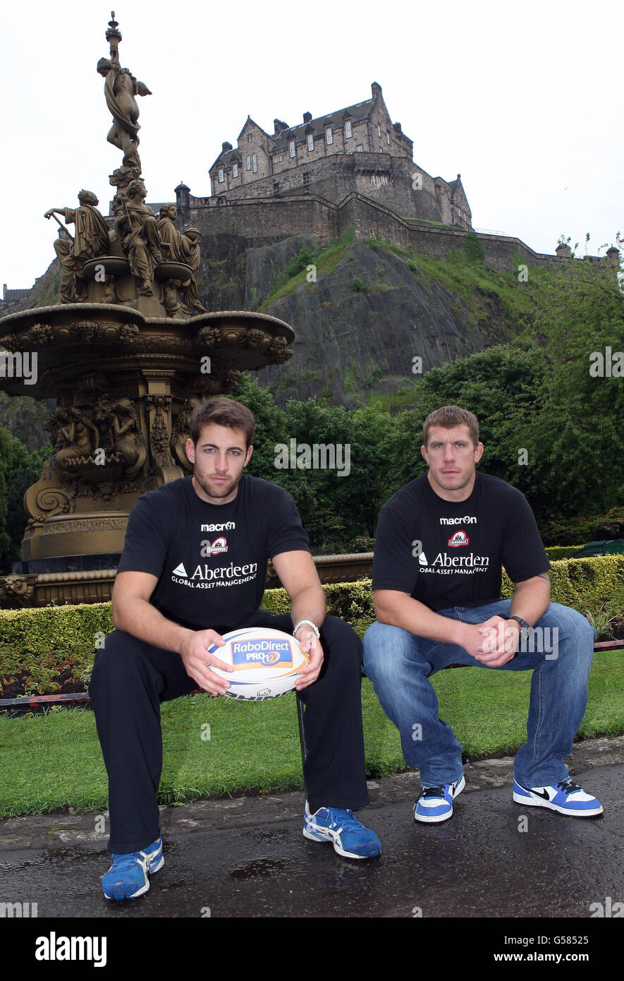 Edinburgh new signings Perry-John Parker (left) and John Yapp pose for a photo at The Rose Fountains, Edinburgh. Stock Photo