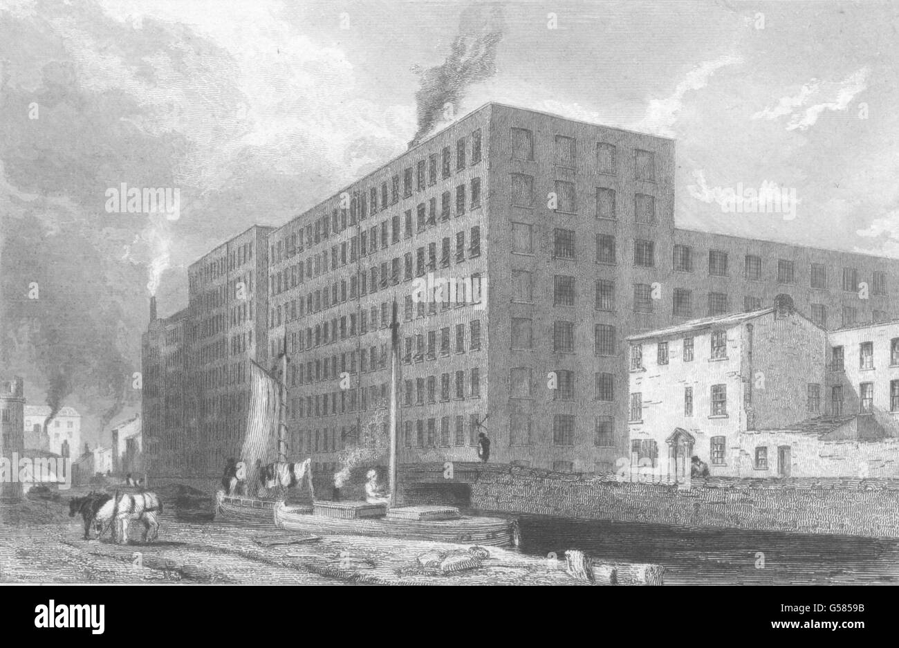 MANCHESTER: Cotton Factories, Union street. Austin. Horses. boat. Figures, 1831 Stock Photo
