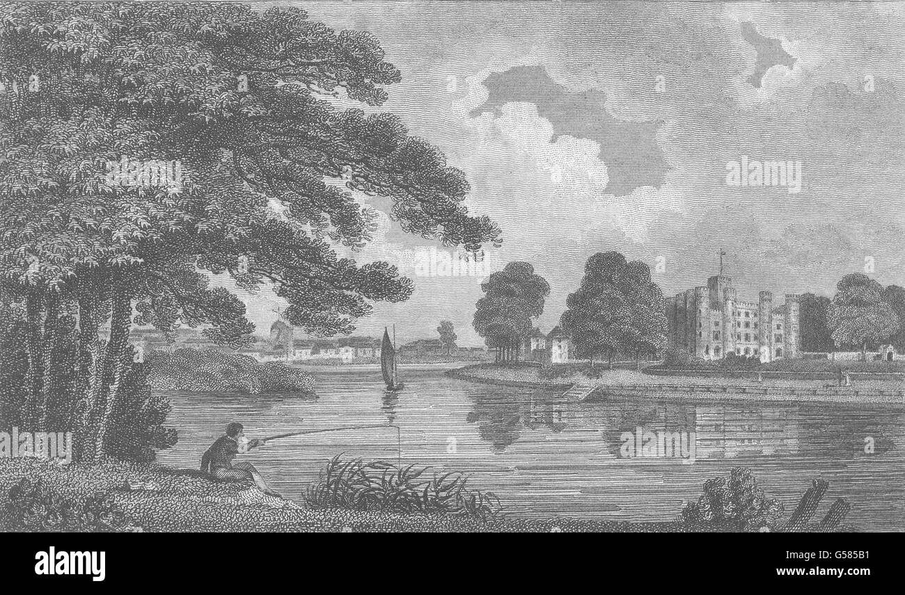 LONDON: Surrey: Kew: Hugshon. King's Palace. river. Fisherman: Kings, 1808 Stock Photo