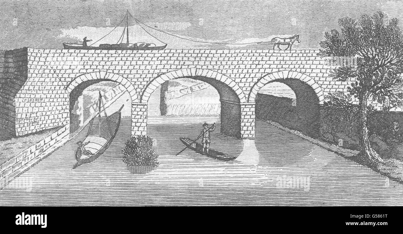 MANCHESTER: The Duke of Bridgewater's Aqueduct over River Mersey. Gents mag 1766 Stock Photo