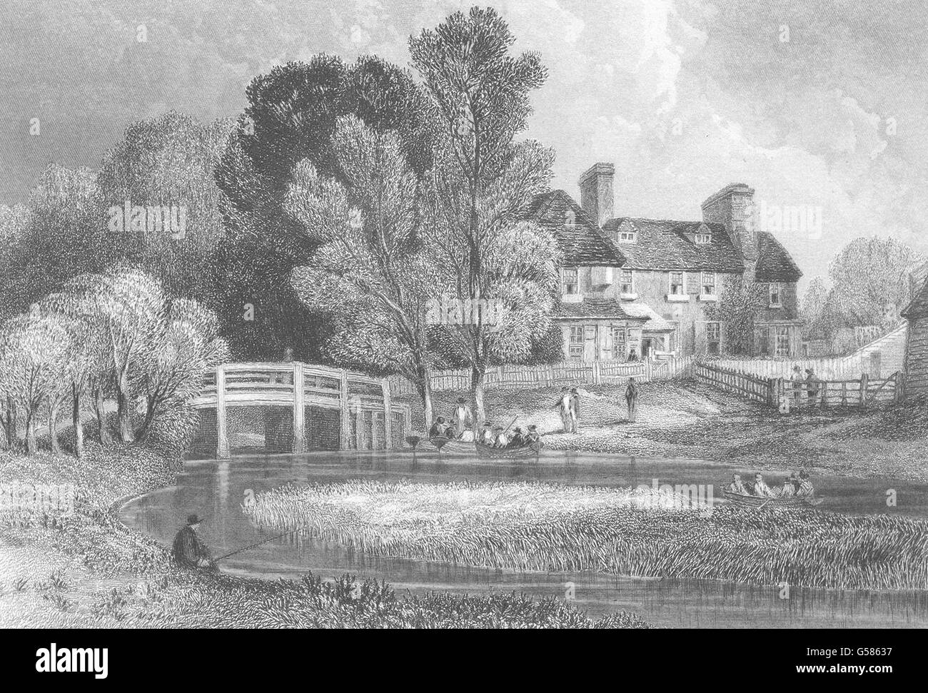ESSEX: Hillyer bridge river Lea: Henshall. Fishermen. , antique print 1840 Stock Photo