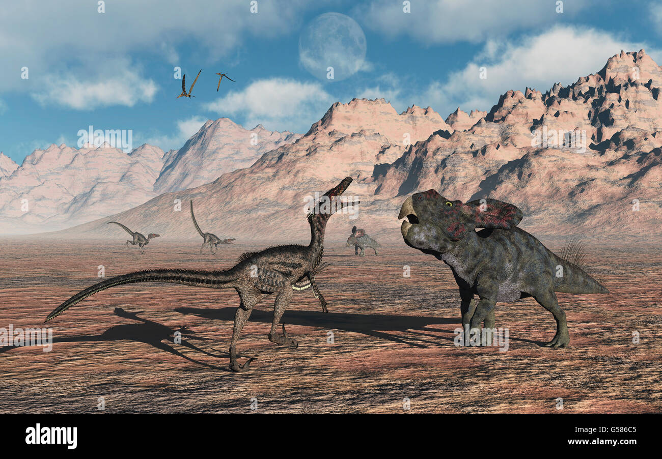 Velociraptors Contronting A Small Herd Of Protoceratops Dinosaurs Stock Photo