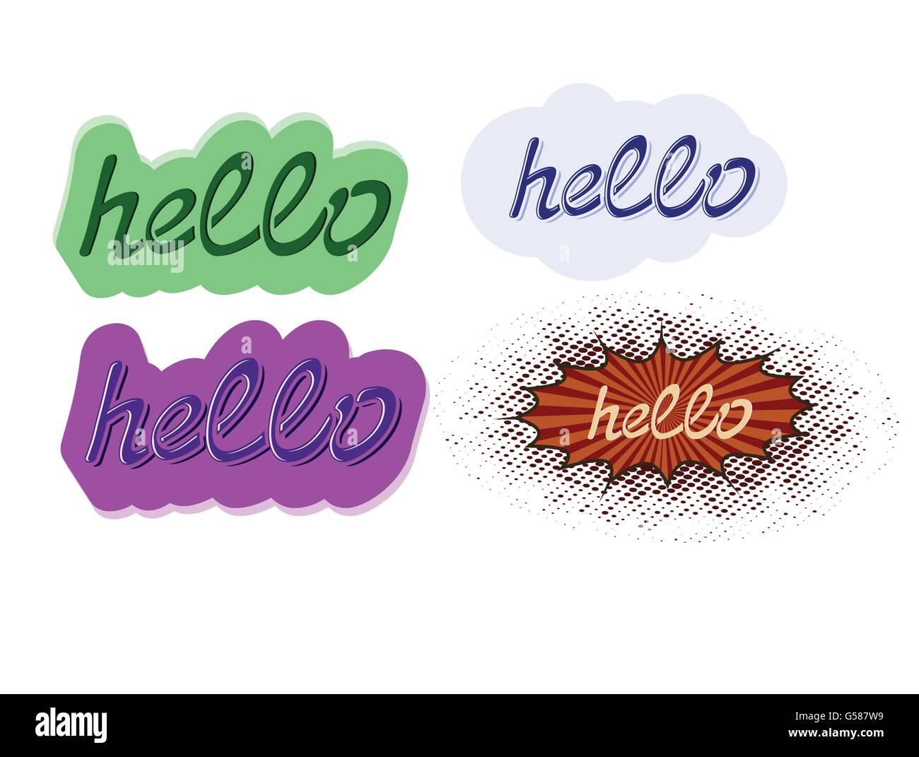 stylized color set of word hello hand lettering vector design Stock Vector