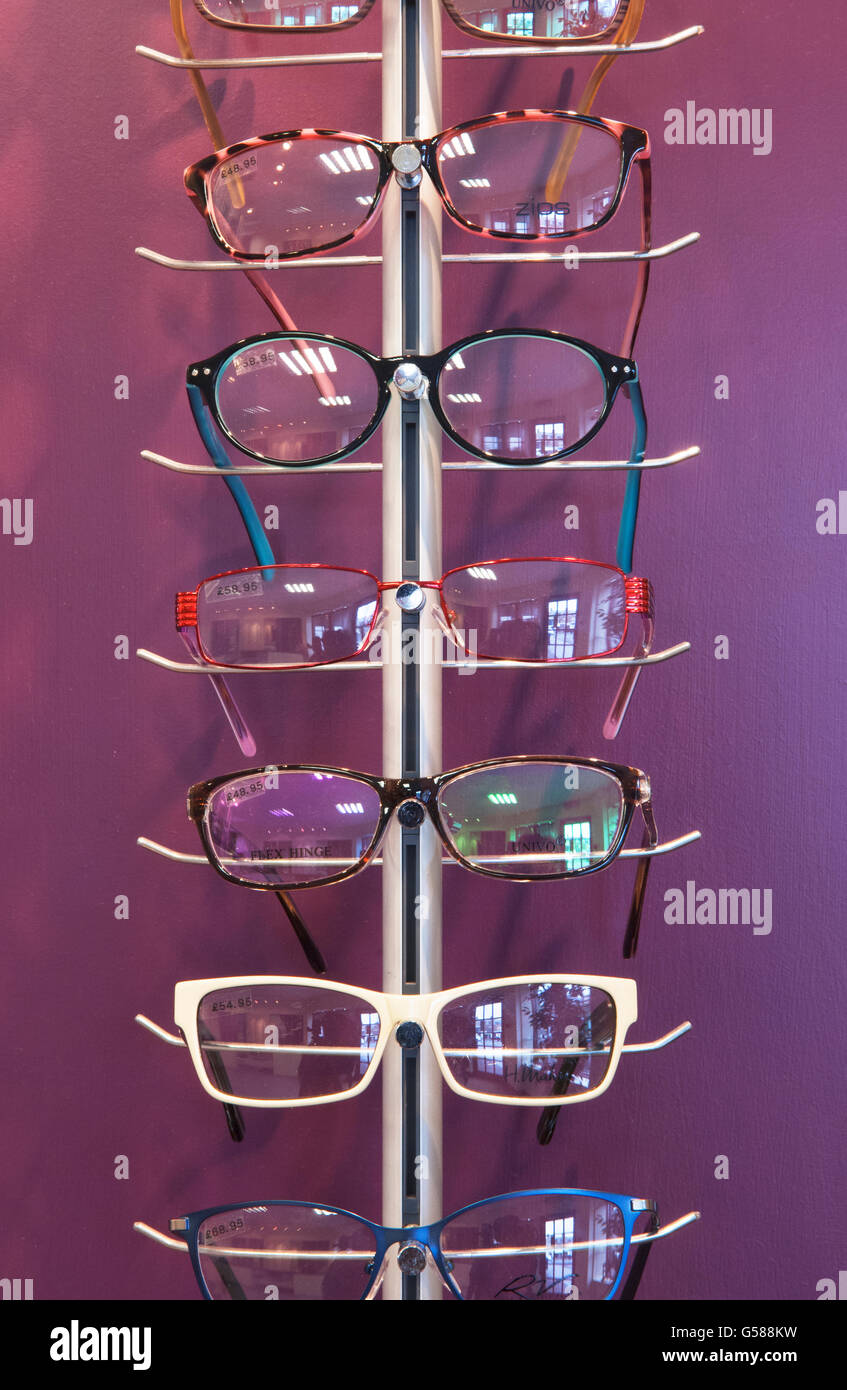 Display of glasses in a modern opticians. Stock Photo