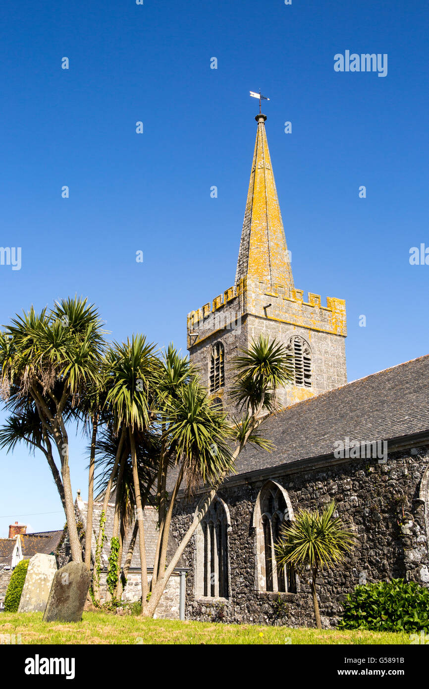 Spire of village parish church at St Keverne, Lizard Peninsula, Cornwall, England, UK Stock Photo