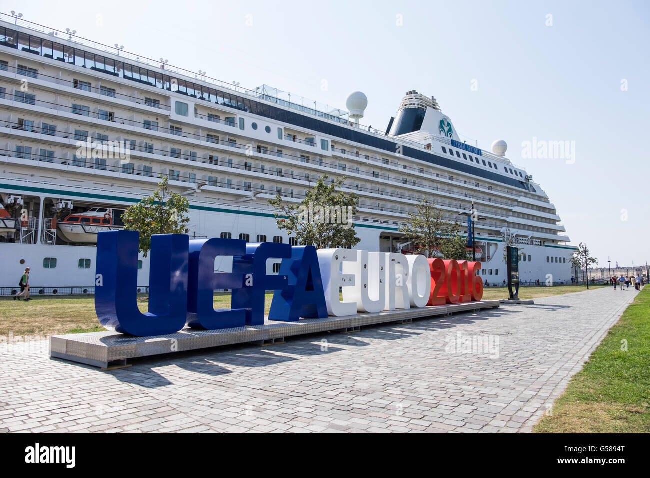 BORDEAUX, FRANCE - 16 JULY 2015 - The magnificent Crystal Serenity cruise ship is docked on the river Gironde in the heart of Bo Stock Photo