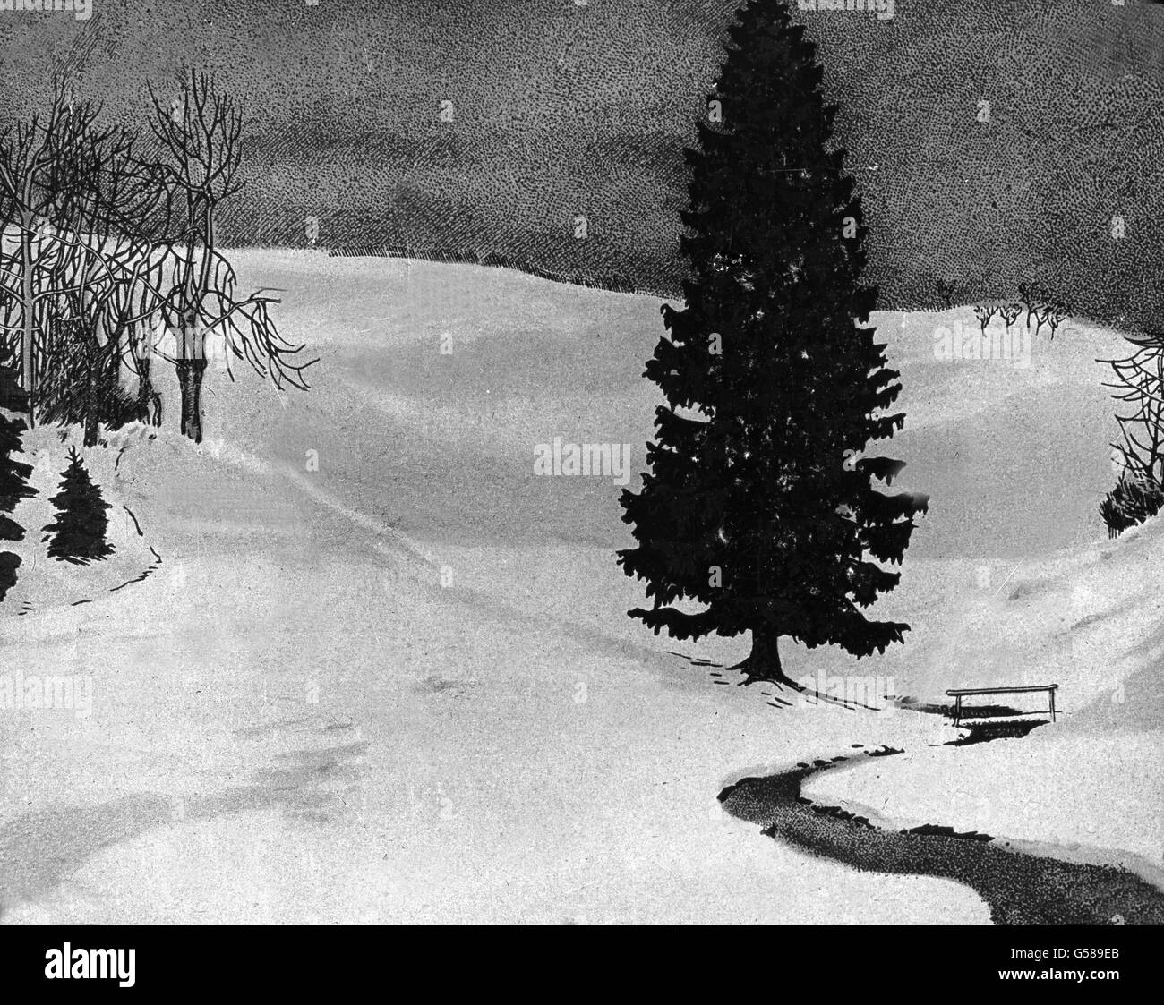 Ja, er soll uns allen willkommen sein, denn er bringt uns ja die fröhliche, gnadenbringende Weihnachtszeit. Und wandern wir über die beschneite Flur oder in den Wald, dann finden wir dort auch den Baum, der uns im Winter die ganze Herrlichkeit, des Sommerwaldes ersetzen muß. 19th century, 1910s, 1920s, 20th century, Christmas, illustration, archive, Carl Simon, history, historical, black and white glass slide, illustration, tree, landscape, winter, wonderland, snow, ice, frost, cold, december Stock Photo