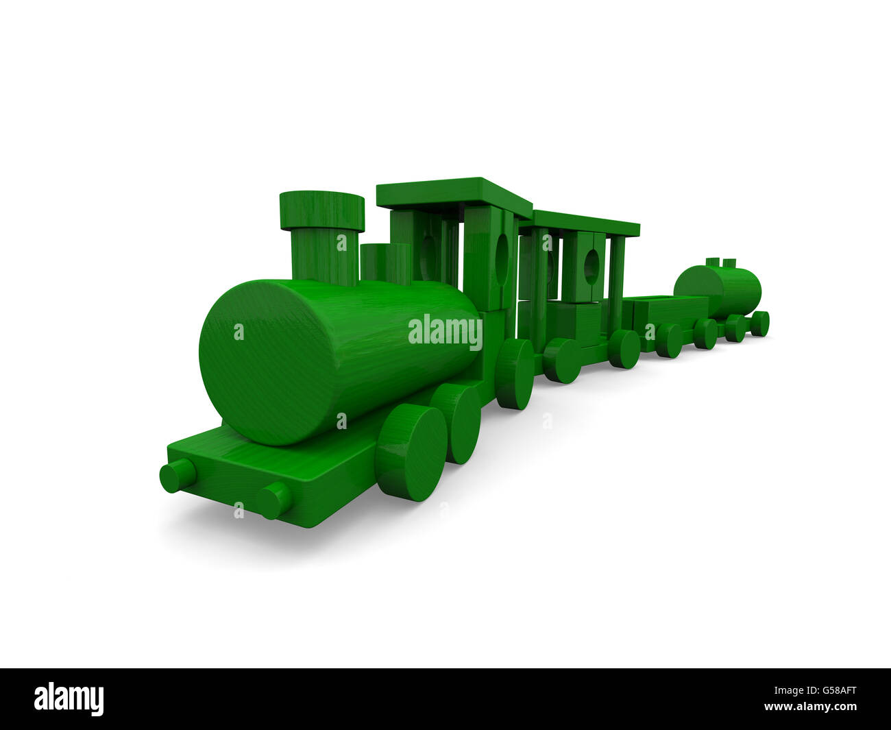 Small green toy train isolated on white background. 3D rendering Stock